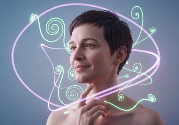 Adult contemplating, abstract thoughts representing self-discovery