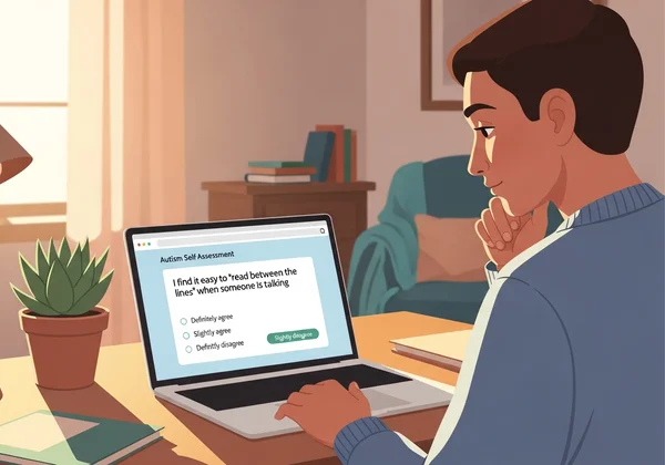 Adulto che utilizza un'autovalutazione online dell'autismo su laptop