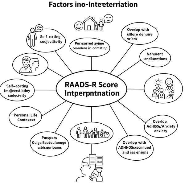 Factors influencing RAADS-R score interpretation visual.