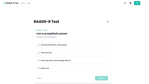 RAADS-R test online interface for adult self-assessment.