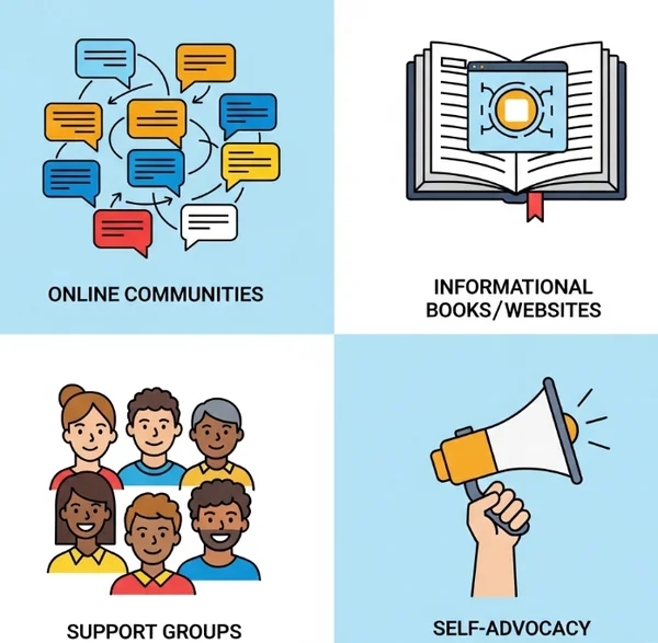 Various autism support resources and community icons.
