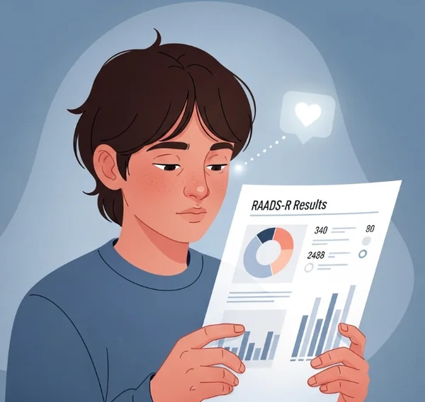 Reflecting on RAADS-R test results and emotions.
