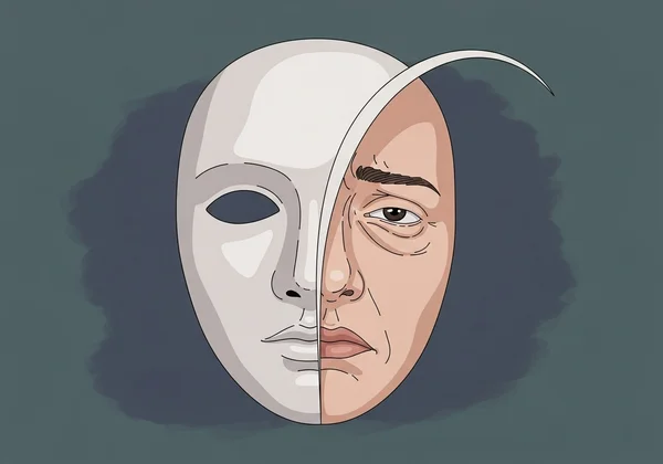 내면의 갈등을 보여주며 숨겨진 가면과 씨름하는 사람.