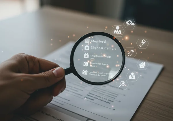 Hand holding magnifying glass over list of professionals